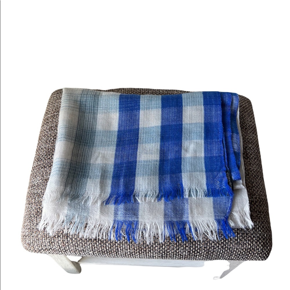 Eileen Fisher Blue and Gray Ombré Check Wool Scarf